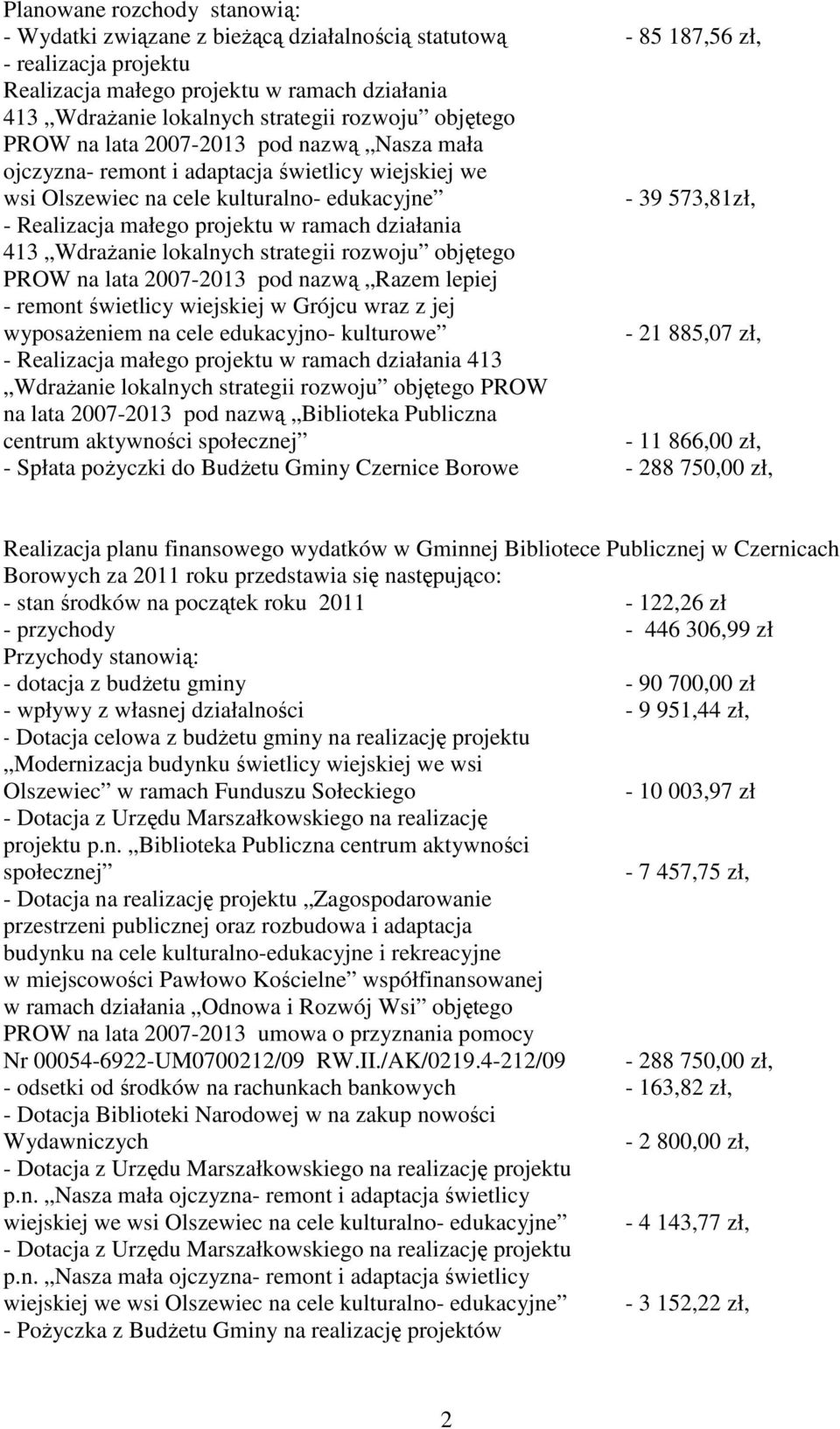 nazwą Razem lepiej - remont świetlicy wiejskiej w Grójcu wraz z jej wyposaŝeniem na cele edukacyjno- kulturowe - 21 885,07 zł, - Realizacja małego projektu w ramach działania 413 WdraŜanie lokalnych
