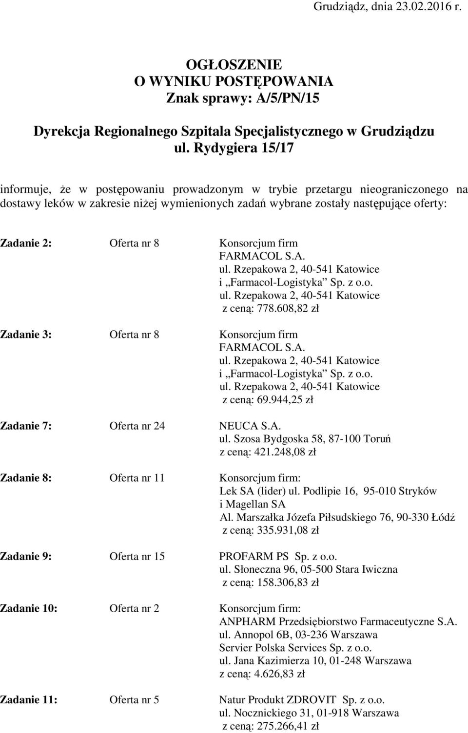 nr 8 Konsorcjum firm z ceną: 778.608,82 zł Zadanie 3: Oferta nr 8 Konsorcjum firm z ceną: 69.944,25 zł Zadanie 7: Oferta nr 24 NEUCA S.A. z ceną: 421.