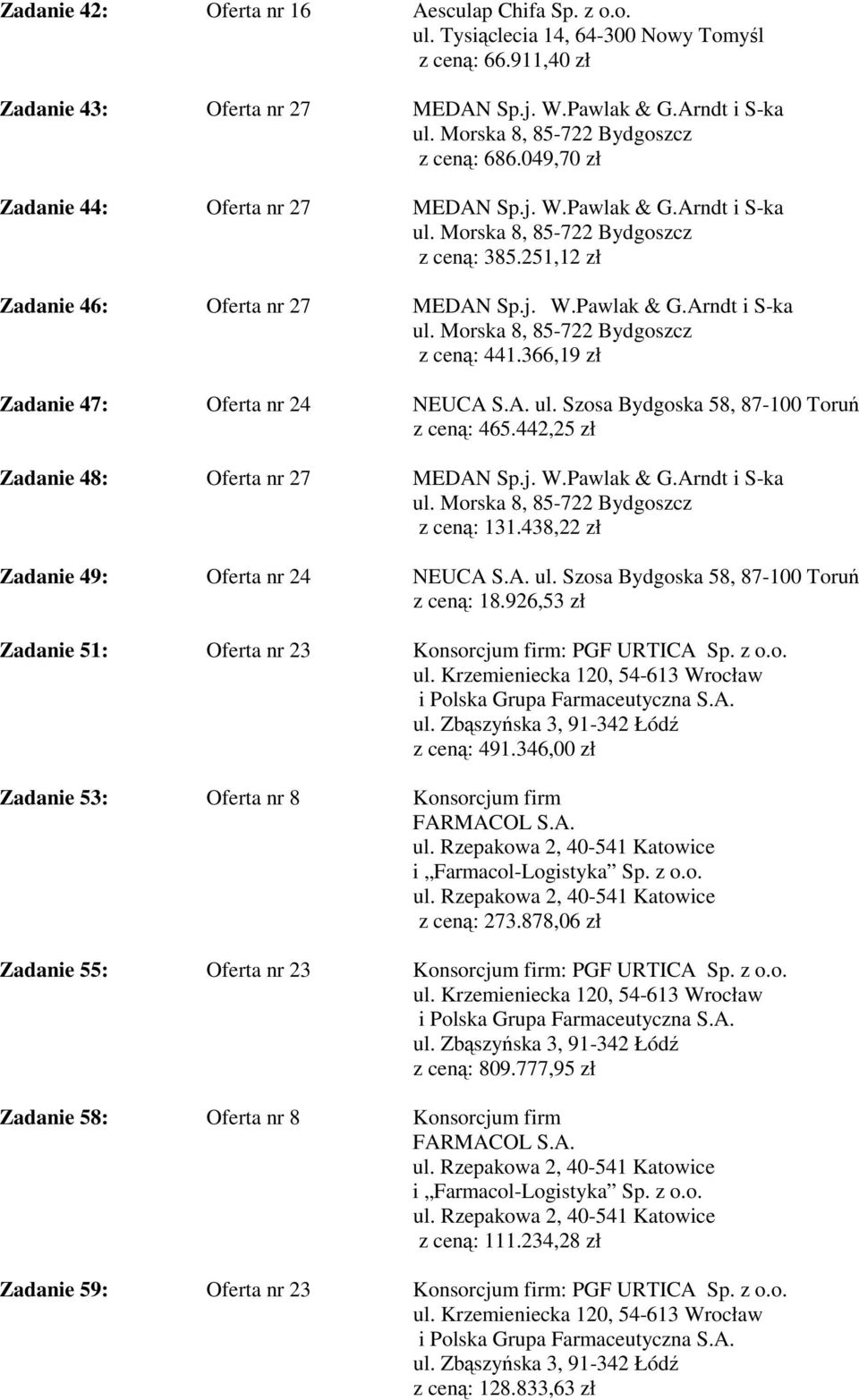 366,19 zł Zadanie 47: Oferta nr 24 NEUCA S.A. z ceną: 465.442,25 zł Zadanie 48: Oferta nr 27 MEDAN Sp.j. W.Pawlak & G.Arndt i S-ka z ceną: 131.438,22 zł Zadanie 49: Oferta nr 24 NEUCA S.A. z ceną: 18.