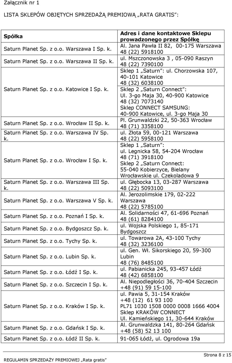 k. Saturn Planet Sp. z o.o. Poznań I Sp. k. Saturn Planet Sp. z o.o. Bydgoszcz Sp. k. Saturn Planet Sp. z o.o. Tychy Sp. k. Saturn Planet Sp. z o.o. Lubin Sp. k. Saturn Planet Sp. z o.o. Łódź I Sp. k. Saturn Planet Sp. z o.o. Szczecin I Sp.