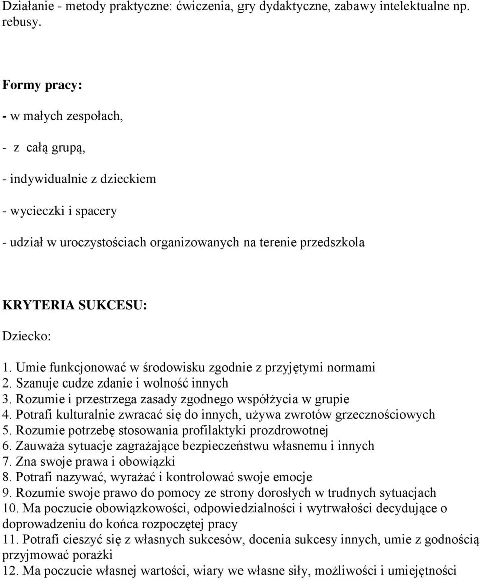 Umie funkcjonować w środowisku zgodnie z przyjętymi normami 2. Szanuje cudze zdanie i wolność innych 3. Rozumie i przestrzega zasady zgodnego współżycia w grupie 4.