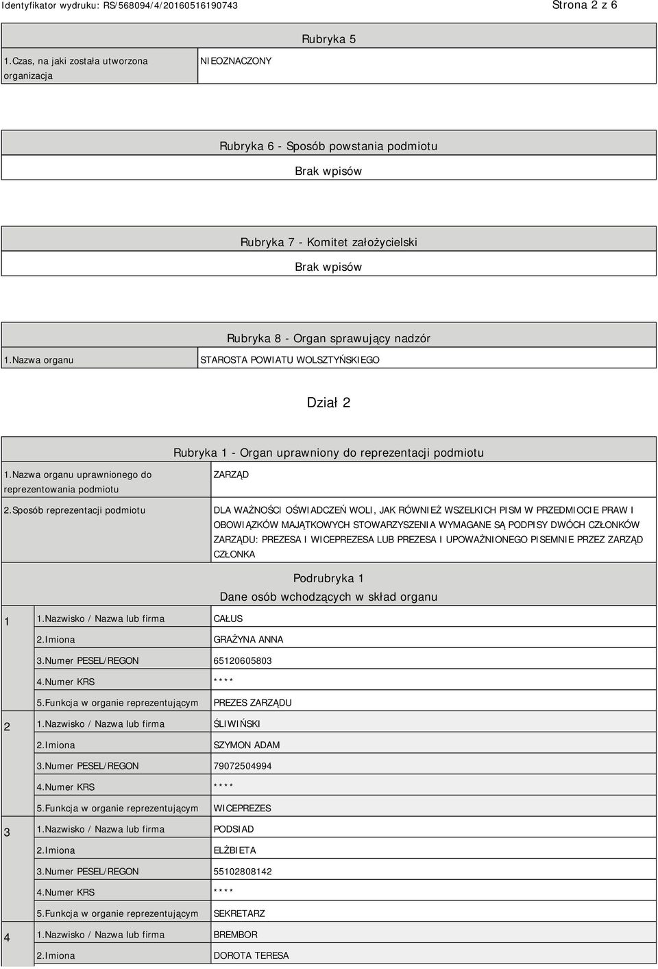 Sposób reprezentacji podmiotu ZARZĄD DLA WAŻNOŚCI OŚWIADCZEŃ WOLI, JAK RÓWNIEŻ WSZELKICH PISM W PRZEDMIOCIE PRAW I OBOWIĄZKÓW MAJĄTKOWYCH STOWARZYSZENIA WYMAGANE SĄ PODPISY DWÓCH CZŁONKÓW ZARZĄDU: