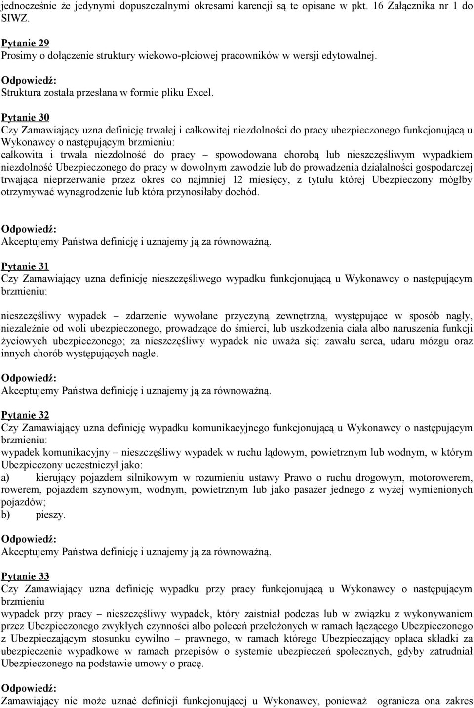 Pytanie 30 Czy Zamawiający uzna definicję trwałej i całkowitej niezdolności do pracy ubezpieczonego funkcjonującą u Wykonawcy o następującym brzmieniu: całkowita i trwała niezdolność do pracy