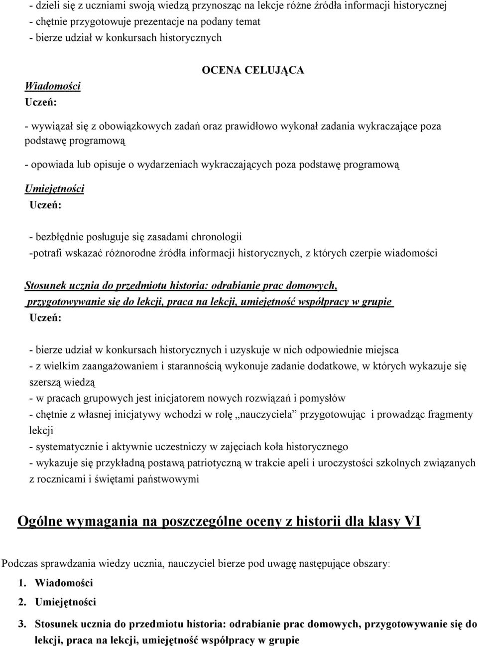 bezbłędnie posługuje się zasadami chronologii -potrafi wskazać różnorodne źródła informacji historycznych, z których czerpie wiadomości - bierze udział w konkursach historycznych i uzyskuje w nich