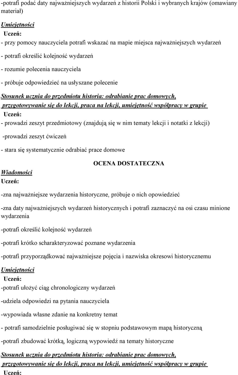 -prowadzi zeszyt ćwiczeń - stara się systematycznie odrabiać prace domowe OCENA DOSTATECZNA -zna najważniejsze wydarzenia historyczne, próbuje o nich opowiedzieć -zna daty najważniejszych wydarzeń