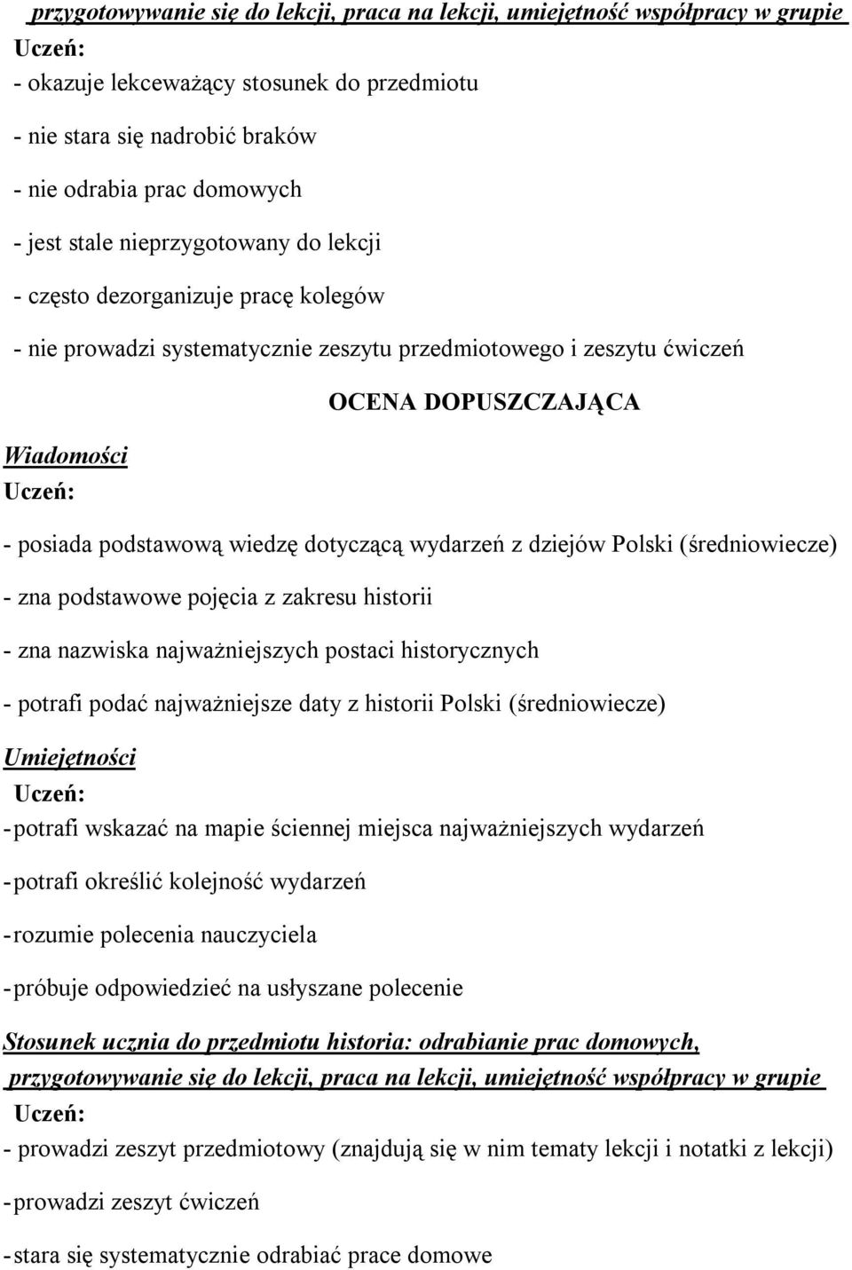 - zna nazwiska najważniejszych postaci historycznych - potrafi podać najważniejsze daty z historii Polski (średniowiecze) - potrafi wskazać na mapie ściennej miejsca najważniejszych wydarzeń -