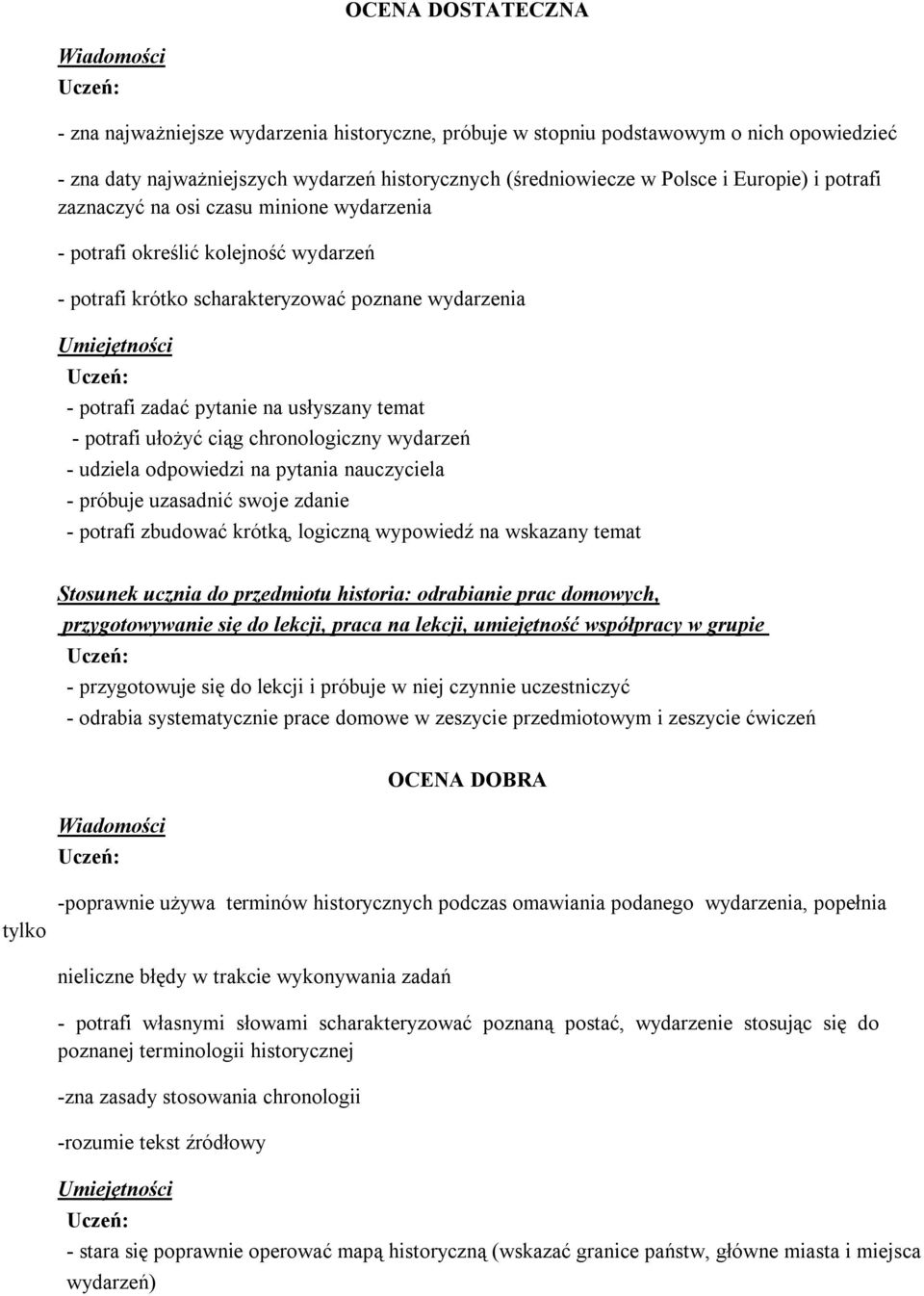 ułożyć ciąg chronologiczny wydarzeń - udziela odpowiedzi na pytania nauczyciela - próbuje uzasadnić swoje zdanie - potrafi zbudować krótką, logiczną wypowiedź na wskazany temat - przygotowuje się do