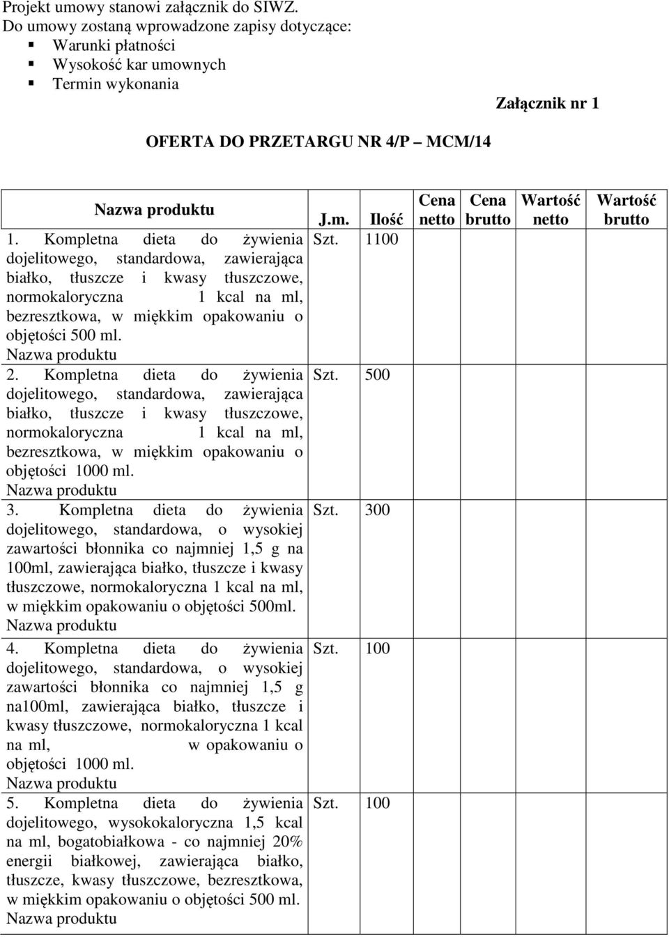 Kompletna dieta do żywienia dojelitowego, standardowa, zawierająca białko, tłuszcze i kwasy tłuszczowe, normokaloryczna 1 kcal na ml, bezresztkowa, w miękkim opakowaniu o objętości 1000 ml. 3.