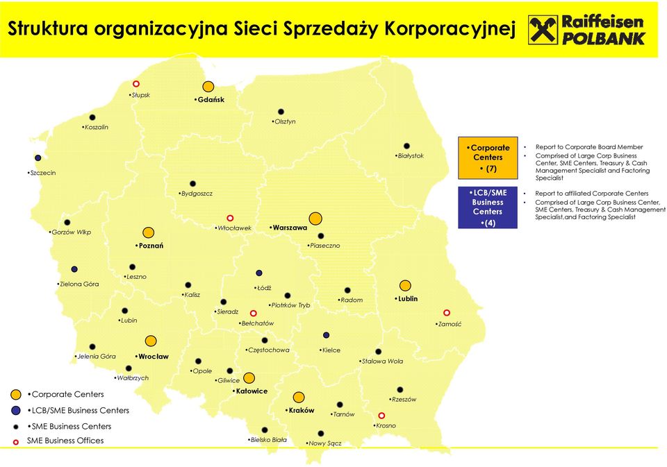 Comprised of Large Corp Business Center, SME Centers, Treasury & Cash Management Specialist,and Factoring Specialist Poznań Piaseczno Zielona Góra Leszno Lubin Kalisz Łódź Piotrków Tryb Sieradz