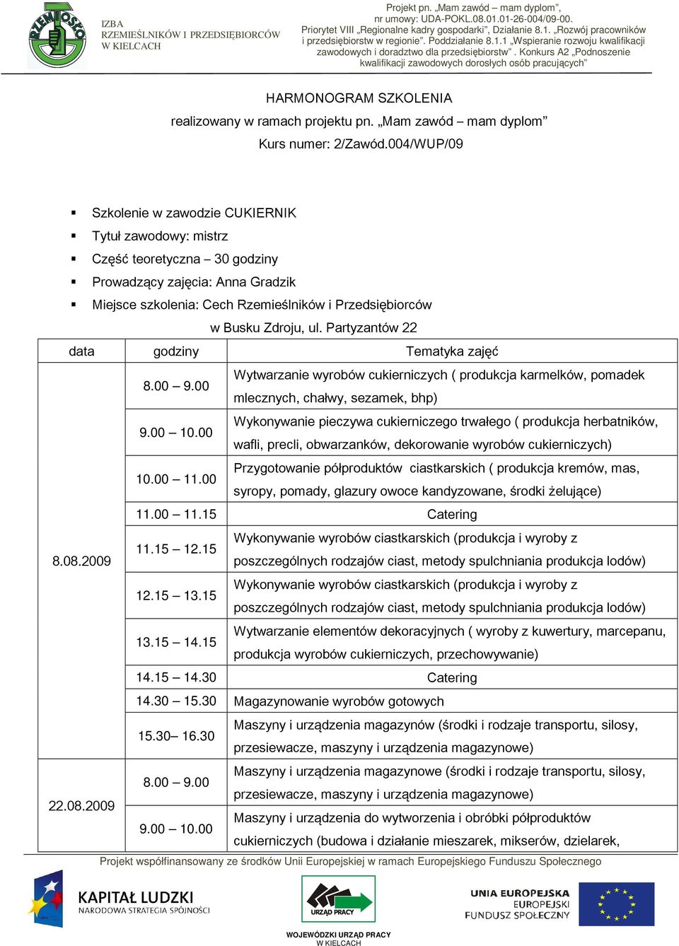 ul. Partyzantów 22 data godziny Tematyka zajęć Wytwarzanie wyrobów cukierniczych ( produkcja karmelków, pomadek mlecznych, chałwy, sezamek, bhp) Wykonywanie pieczywa cukierniczego trwałego (