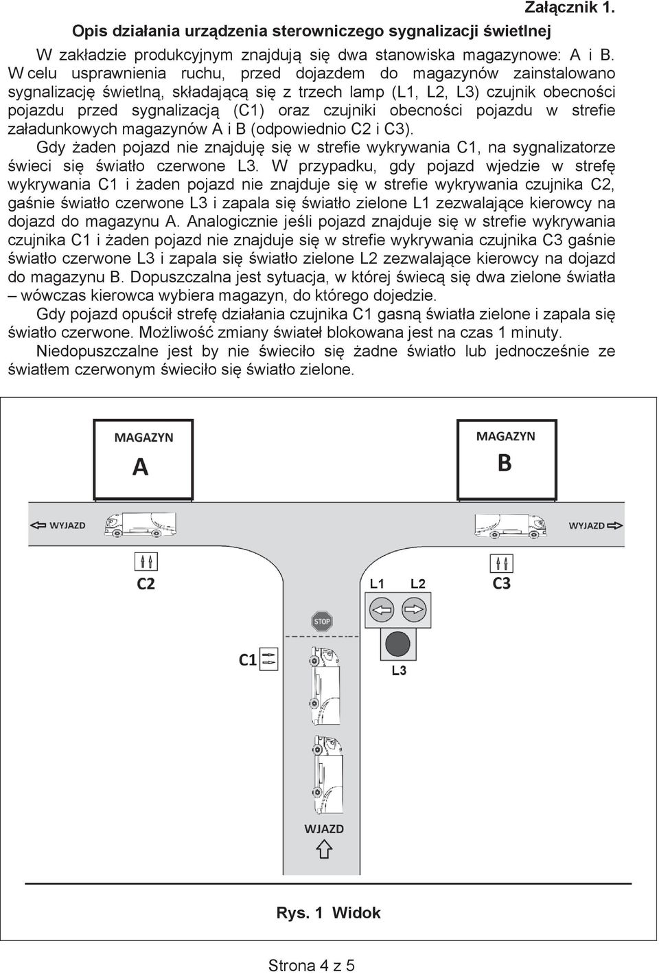 ci pojazdu w strefie za adunkowych magazynów A i B (odpowiednio C2 i C3). Gdy aden pojazd nie znajduj si w strefie wykrywania C1, na sygnalizatorze wieci si wiat o czerwone L3.