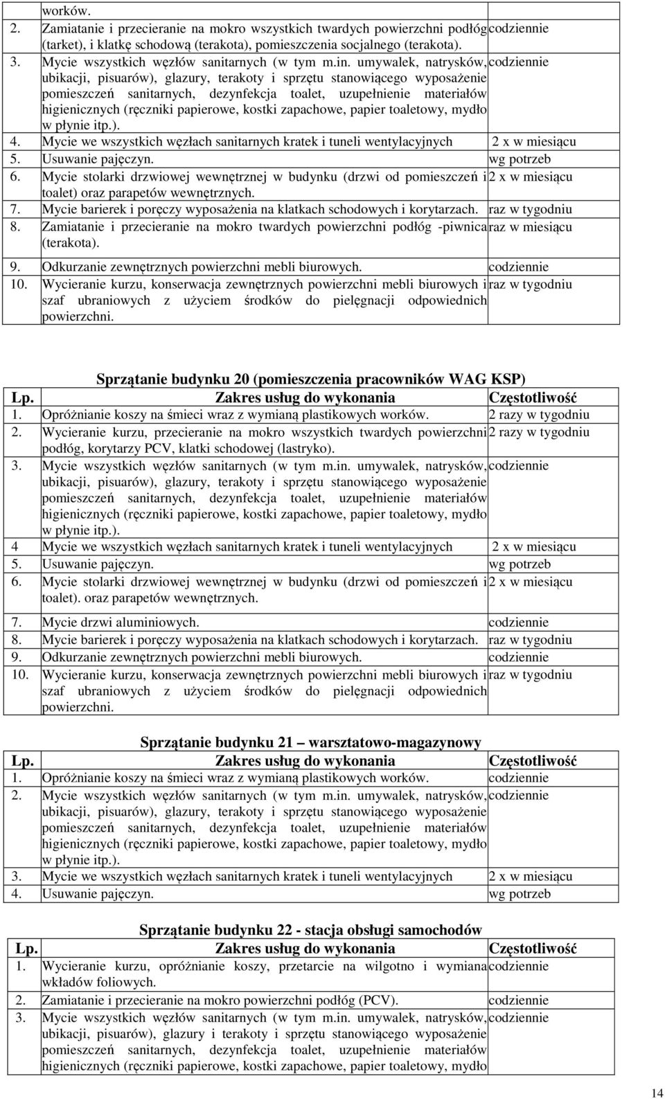 Usuwanie pajęczyn. wg potrzeb 6. Mycie stolarki drzwiowej wewnętrznej w budynku (drzwi od pomieszczeń i 2 x w miesiącu 7. Mycie barierek i poręczy wyposażenia na klatkach schodowych i korytarzach.