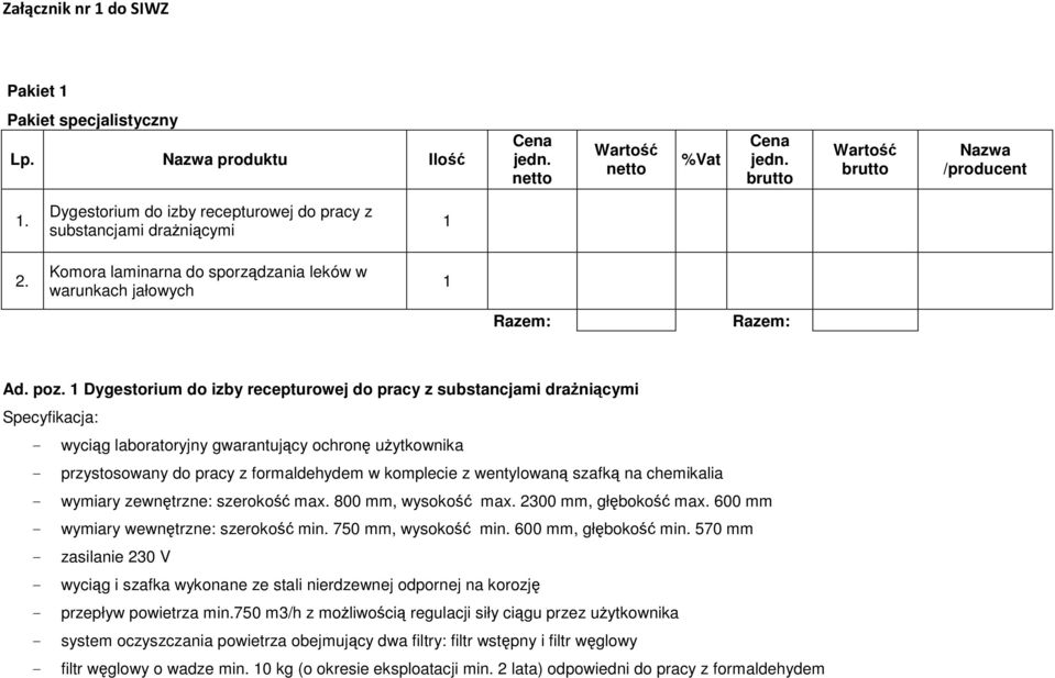 1 Dygestorium do izby recepturowej do pracy z substancjami draŝniącymi - wyciąg laboratoryjny gwarantujący ochronę uŝytkownika - przystosowany do pracy z formaldehydem w komplecie z wentylowaną