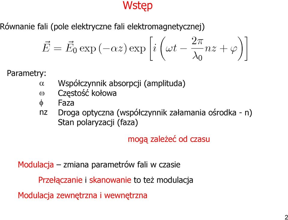 załamania ośrodka - n) Stan polaryzacji (faza) mogą zależeć od czasu Modulacja zmiana