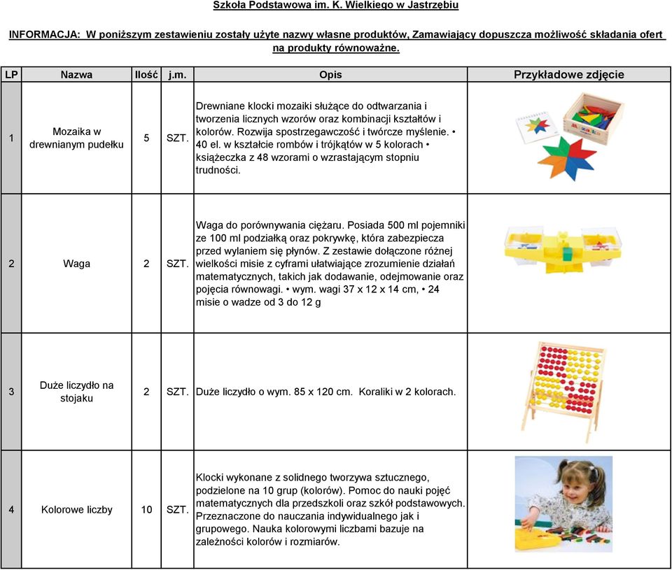 Rozwija spostrzegawczość i twórcze myślenie. 40 el. w kształcie rombów i trójkątów w 5 kolorach książeczka z 48 wzorami o wzrastającym stopniu trudności. 2 Waga 2 SZT. Waga do porównywania ciężaru.