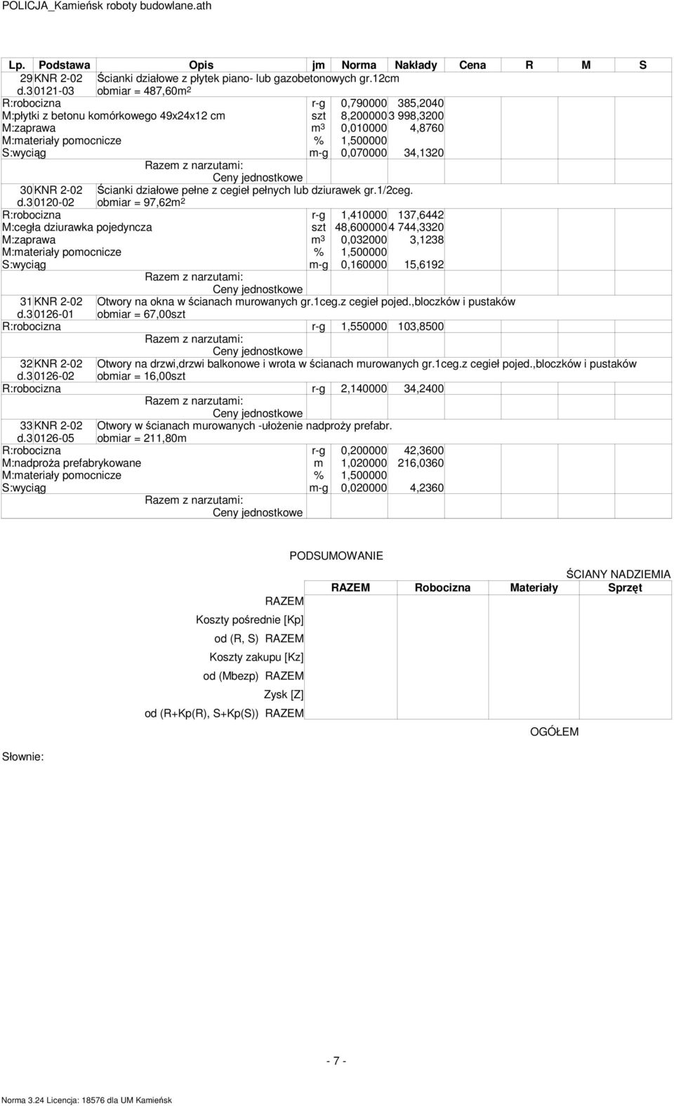 3 0120-02 Ścianki działowe pełne z cegieł pełnych lub dziurawek gr.1/2ceg.