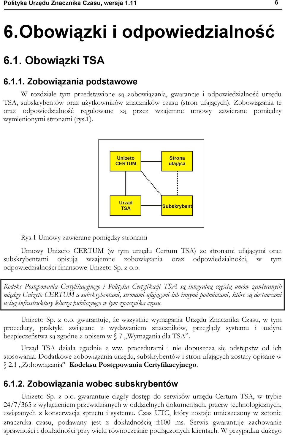 Zobowiązania te oraz odpowiedzialność regulowane są przez wzajemne umowy zawierane pomiędzy wymienionymi stronami (rys.1). Unizeto CERTUM Strona ufająca Urząd TSA Subskrybent Rys.