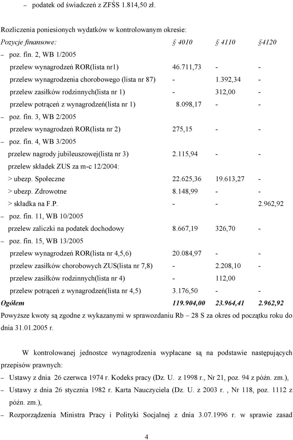 3, WB 2/2005 przelew wynagrodzeń ROR(lista nr 2) 275,15 - - poz. fin. 4, WB 3/2005 przelew nagrody jubileuszowej(lista nr 3) 2.115,94 - - przelew składek ZUS za m-c 12/2004: > ubezp. Społeczne 22.