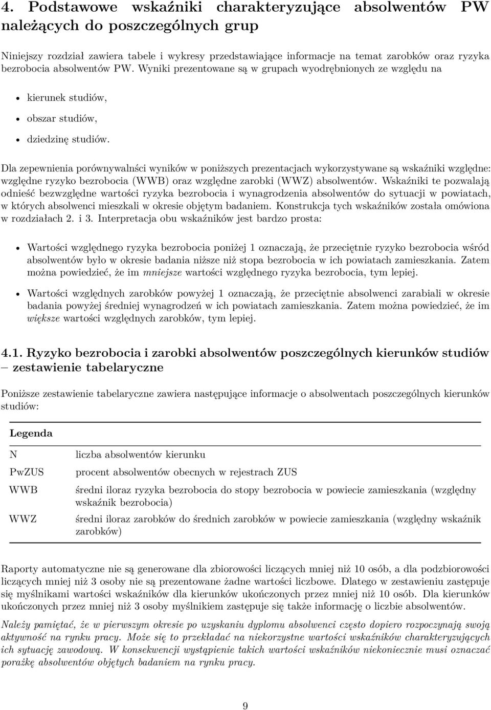 Dla zepewnienia porównywalnści wyników w poniższych prezentacjach wykorzystywane są wskaźniki względne: względne ryzyko bezrobocia (WWB) oraz względne zarobki (WWZ) absolwentów.