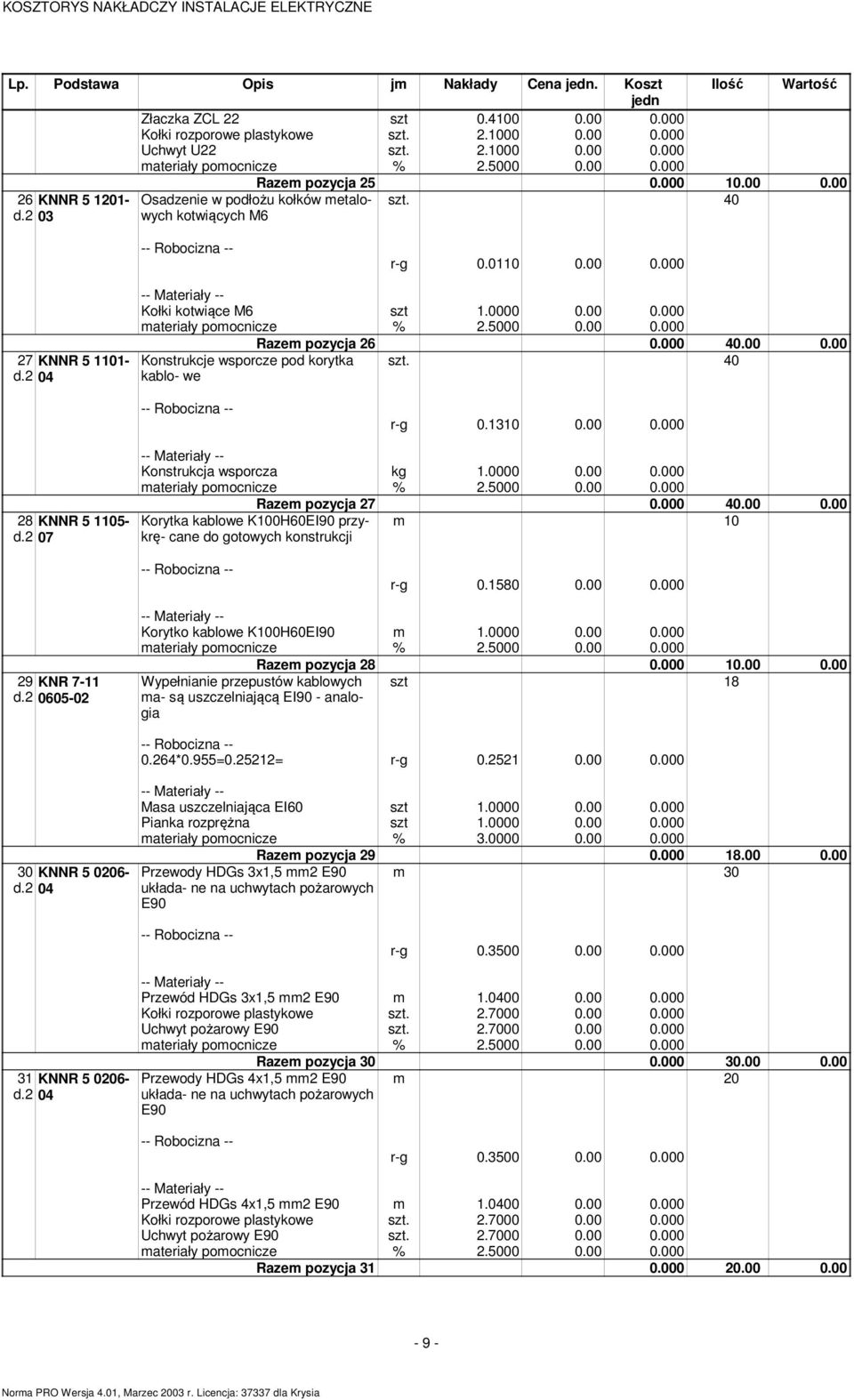 000 40.00 0.00 40 r-g 0.1310 0.00 0.000 28 KNNR 5 1105- d.2 07 Konstrukcja wsporcza kg 1.0000 0.00 0.000 Raze pozycja 27 0.000 40.00 0.00 10 Korytka kablowe K100H60EI90 przykrę- cane do gotowych konstrukcji r-g 0.