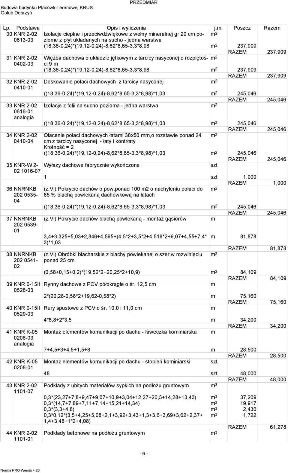 dachowych z tarcicy nasyconej 0410-01 ((18,36-0,24)*(19,12-0,24)-8,62*8,65-3,3*8,98)*1,03 245,046 RAZEM 245,046 33 KNR 2-02 Izolacje z folii na sucho pozioma - jedna warstwa 0616-01