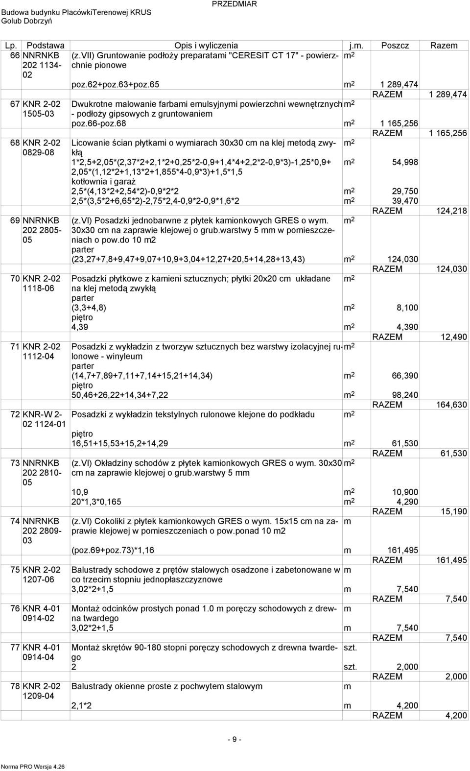 1207-06 76 KNR 4-01 0914-02 77 KNR 4-01 0914-04 78 KNR 2-02 1209-04 RAZEM 1 289,474 Dwukrotne malowanie farbami emulsyjnymi powierzchni wewnętrznychm - podłoży gipsowych z gruntowaniem poz.66-poz.