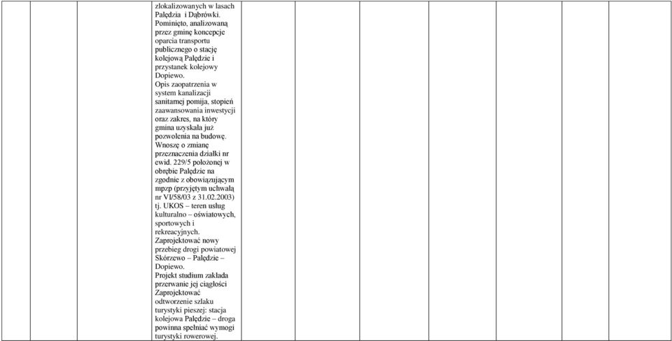 Wnoszę o zmianę przeznaczenia działki nr ewid. 229/5 położonej w obrębie Palędzie na zgodnie z obowiązującym mpzp (przyjętym uchwałą nr VI/58/03 z 31.02.2003) tj.