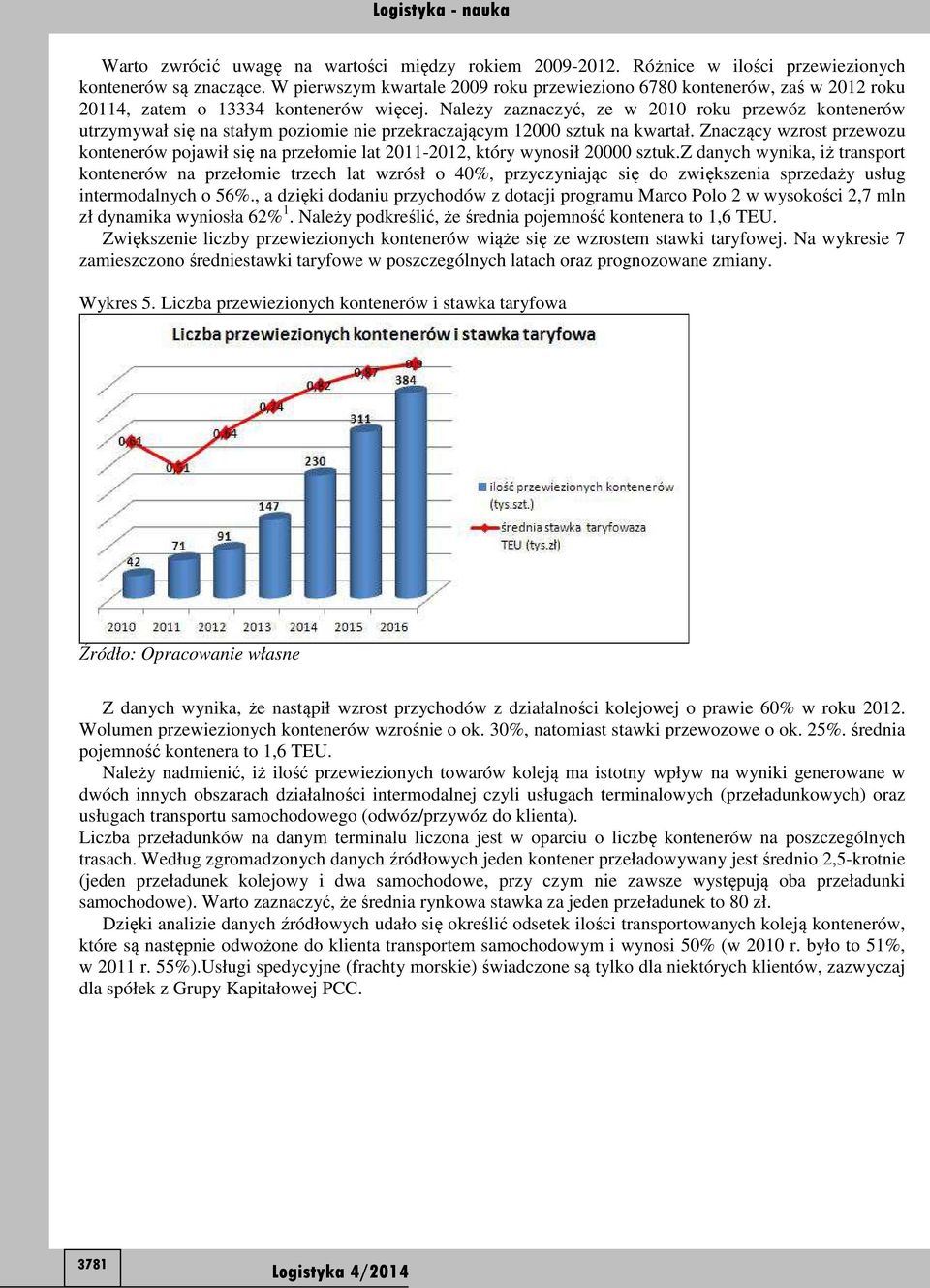 Należy zaznaczyć, ze w 2010 roku przewóz kontenerów utrzymywał się na stałym poziomie nie przekraczającym 12000 sztuk na kwartał.