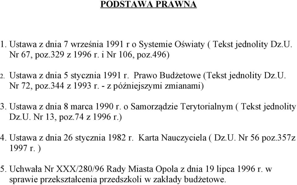 Ustawa z dnia 8 marca 1990 r. o Samorządzie Terytorialnym ( Tekst jednolity Dz.U. Nr 13, poz.74 z 1996 r.) 4. Ustawa z dnia 26 stycznia 1982 r.