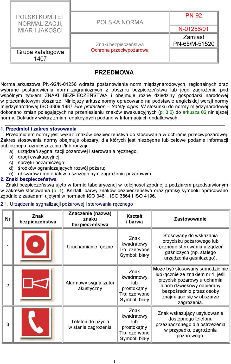 gospodarki narodowej w przedmiotowym obszarze. Niniejszy arkusz normy opracowano na podstawie angielskiej wersji normy międzynarodowej ISO 6309:1987 Fire protection Safety signs.