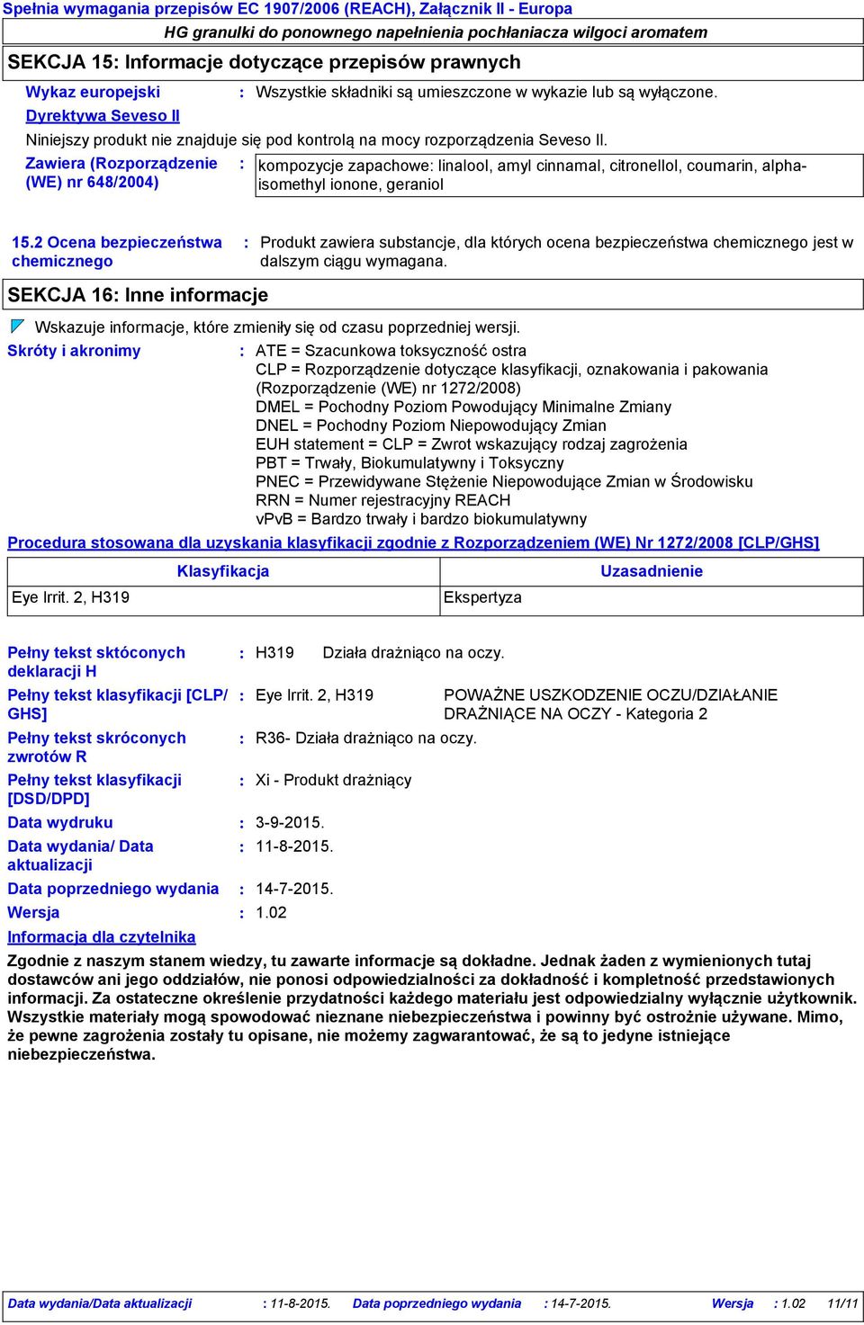 Zawiera (Rozporządzenie (WE) nr 648/2004) kompozycje zapachowe linalool, amyl cinnamal, citronellol, coumarin, alphaisomethyl ionone, geraniol 15.