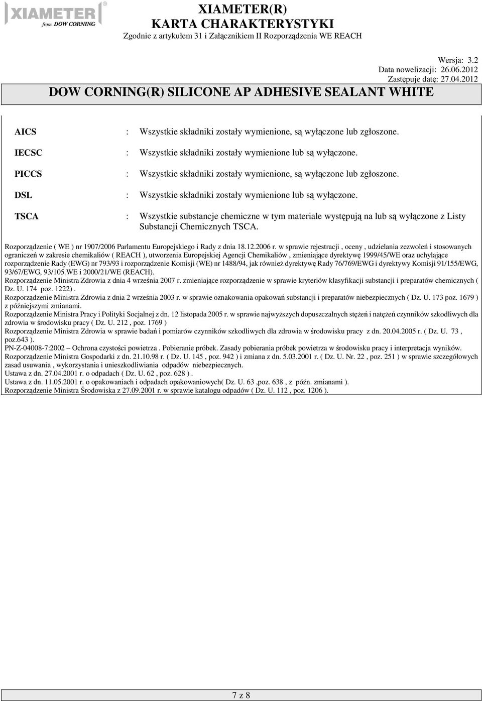 TSCA : Wszystkie substancje chemiczne w tym materiale występują na lub są wyłączone z Listy Substancji Chemicznych TSCA. Rozporządzenie ( WE ) nr 1907/2006 Parlamentu Europejskiego i Rady z dnia 18.