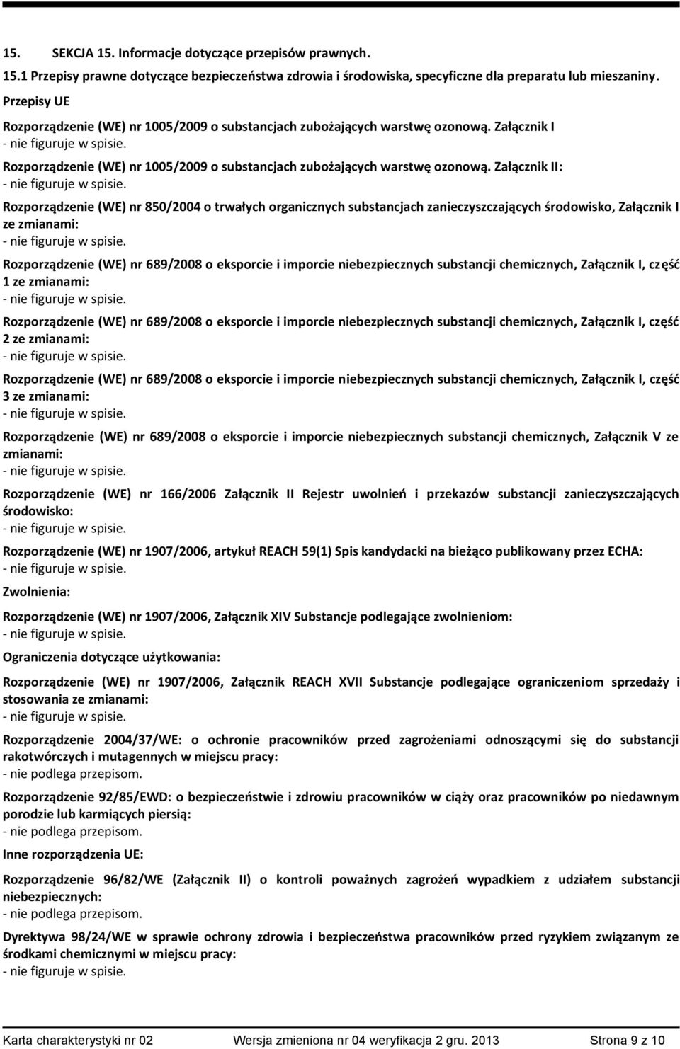 Załącznik II: Rozporządzenie (WE) nr 850/2004 o trwałych organicznych substancjach zanieczyszczających środowisko, Załącznik I ze zmianami: Rozporządzenie (WE) nr 689/2008 o eksporcie i imporcie