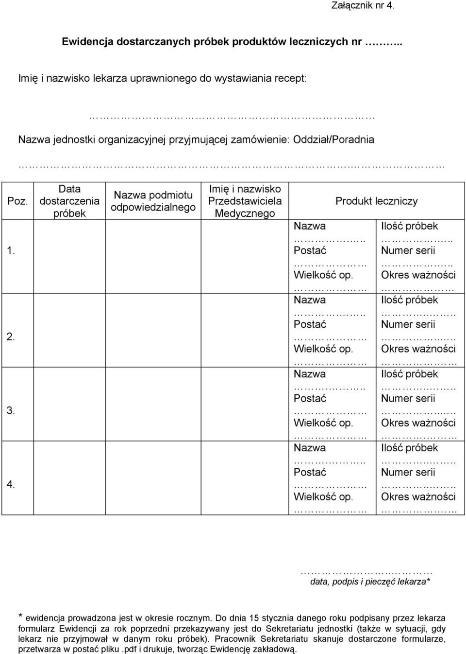 Data dostarczenia próbek podmiotu odpowiedzialnego Imię i nazwisko Przedstawiciela Medycznego............ Produkt leczniczy.