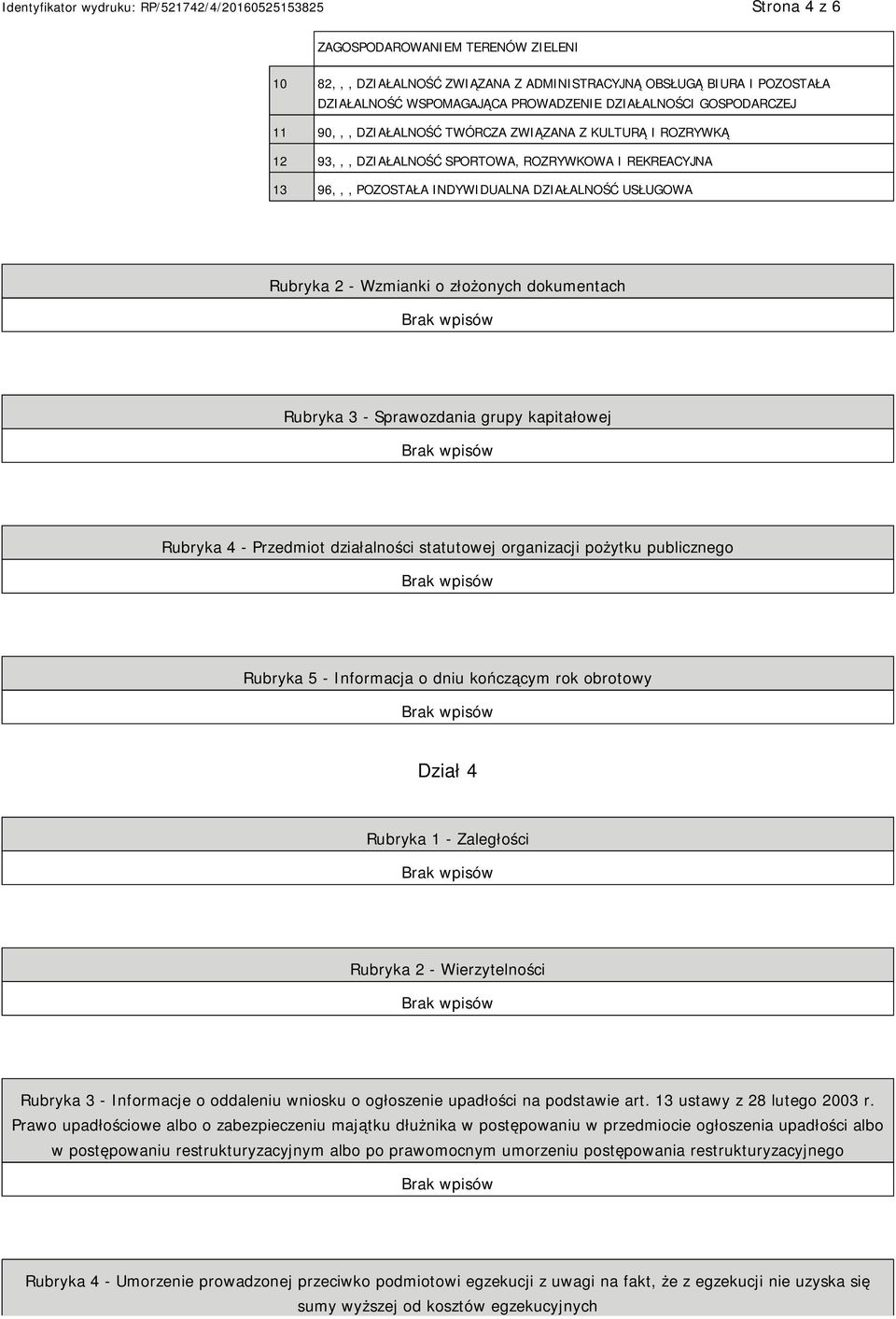 dokumentach Rubryka 3 - Sprawozdania grupy kapitałowej Rubryka 4 - Przedmiot działalności statutowej organizacji pożytku publicznego Rubryka 5 - Informacja o dniu kończącym rok obrotowy Dział 4
