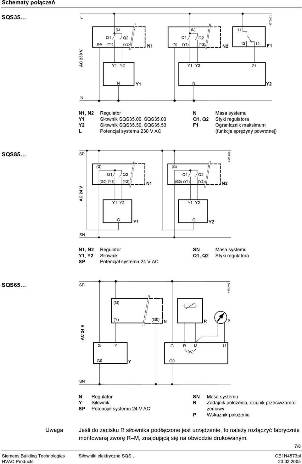 Y1 Y2 Y1 Y2 G Y1 G Y2 S 1, 2 Regulator Y1, Y2 Siłownik SP Potencjał systemu 24 V AC S asa systemu Q1, Q2 Styki regulatora SQS65 SP 4573A02 (G) (Y) (G0) R P AC 24 V G Y G R U G0 Y G0 S Y SP Regulator