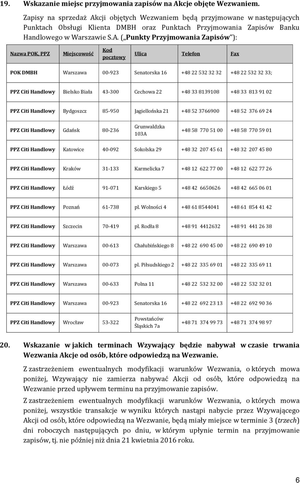 cji objętych Wezwaniem będą przyjmowane w następujących Punktach Obsługi Klienta DMBH oraz Punktach Przyjmowania Zapisów Banku Handlowego w Warszawie S.A.