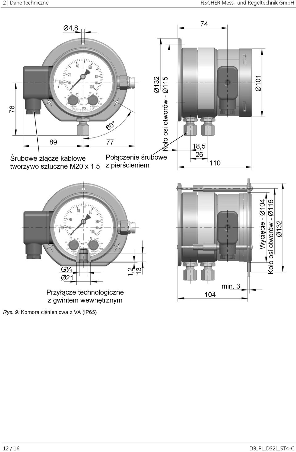 26 110 Ø101 G¼ Ø21 Przyłącze technologiczne z gwintem wewnętrznym 13 1,2 104 min.