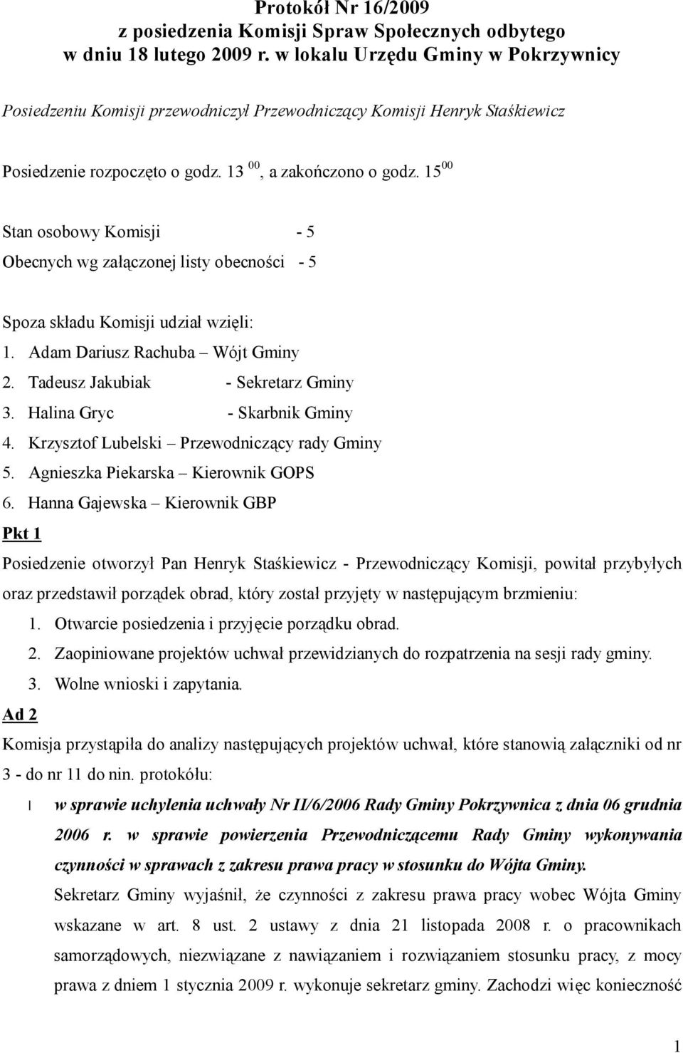 15 00 Stan osobowy Komisji - 5 Obecnych wg załączonej listy obecności - 5 Spoza składu Komisji udział wzięli: 1. Adam Dariusz Rachuba Wójt Gminy 2. Tadeusz Jakubiak - Sekretarz Gminy 3.