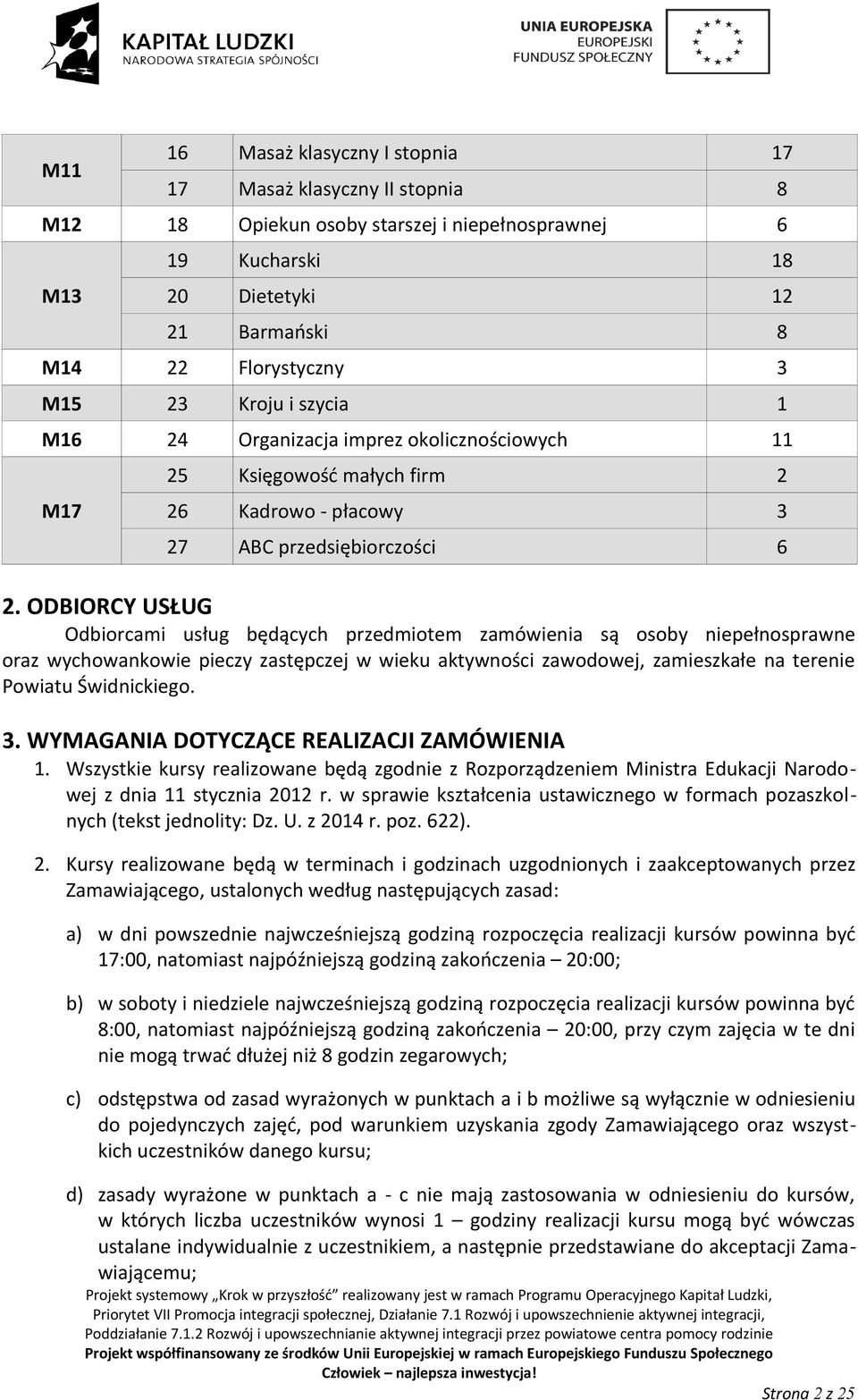 ODBIORCY USŁUG Odbiorcami usług będących przedmiotem zamówienia są osoby niepełnosprawne oraz wychowankowie pieczy zastępczej w wieku aktywności zawodowej, zamieszkałe na terenie Powiatu Świdnickiego.