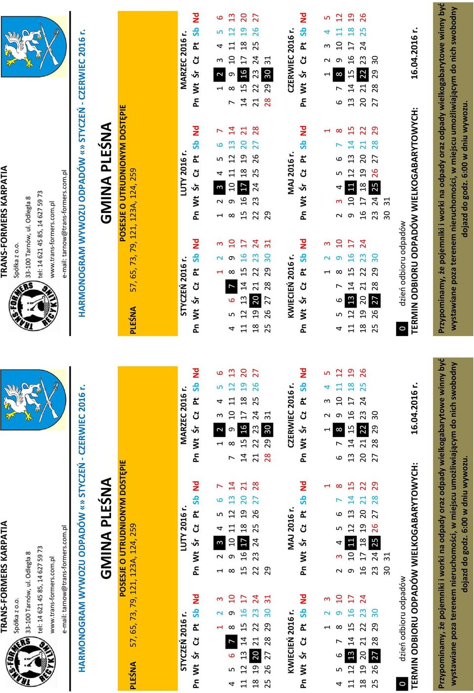 HARMONOGRAM WYWOZU ODPADÓW STYCZEŃ - CZERWIEC 2016 r.