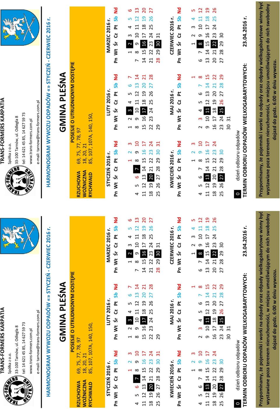 HARMONOGRAM WYWOZU ODPADÓW STYCZEŃ - CZERWIEC 2016 r.