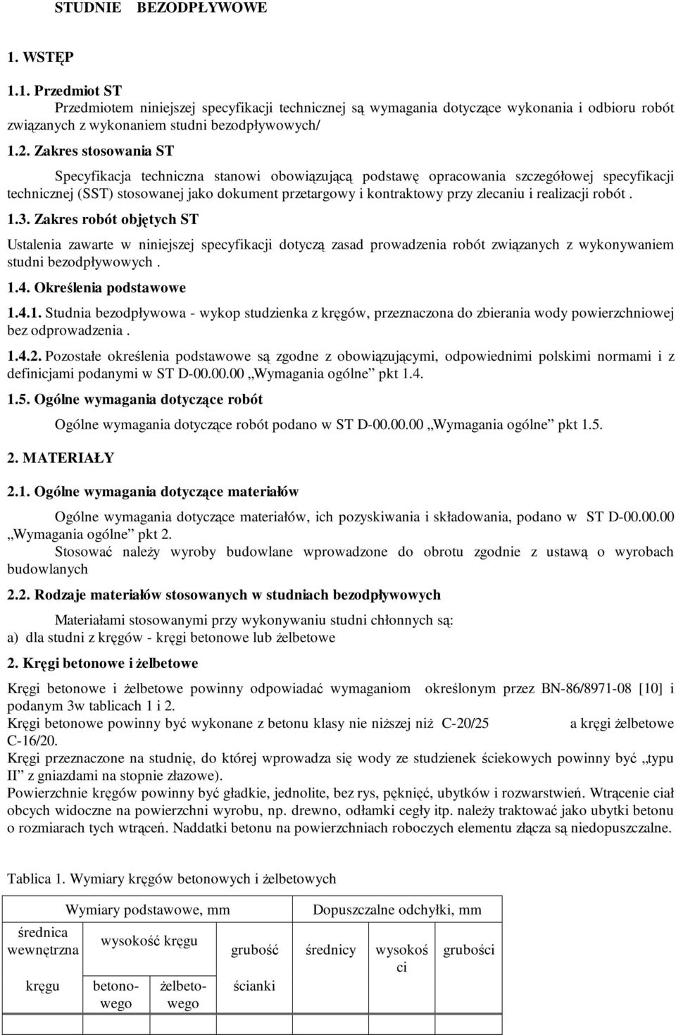 realizacji robót. 1.3. Zakres robót objętych ST Ustalenia zawarte w niniejszej specyfikacji dotyczą zasad prowadzenia robót związanych z wykonywaniem studni bezodpływowych. 1.4.