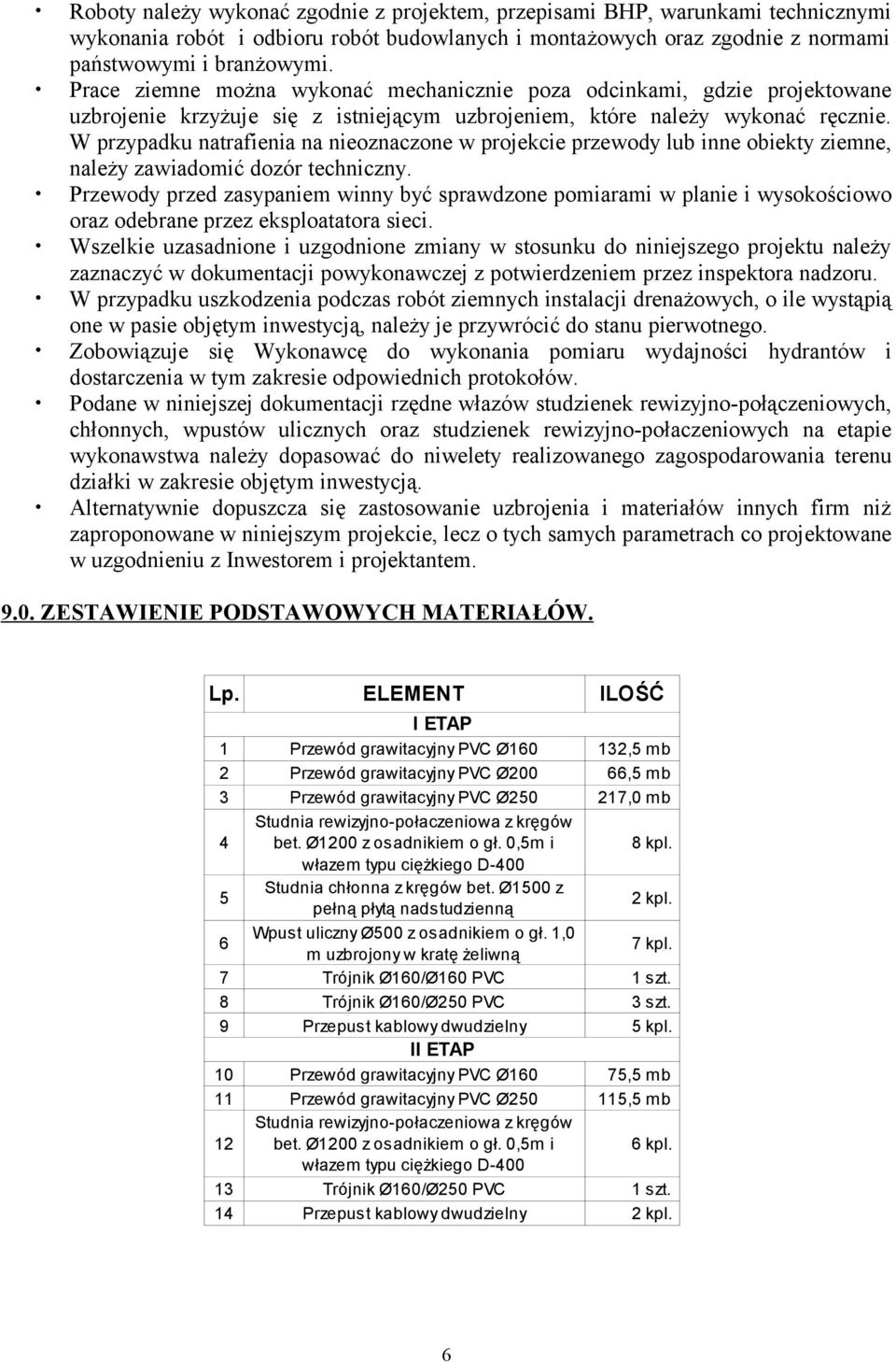 W przypadku natrafienia na nieoznaczone w projekcie przewody lub inne obiekty ziemne, należy zawiadomić dozór techniczny.