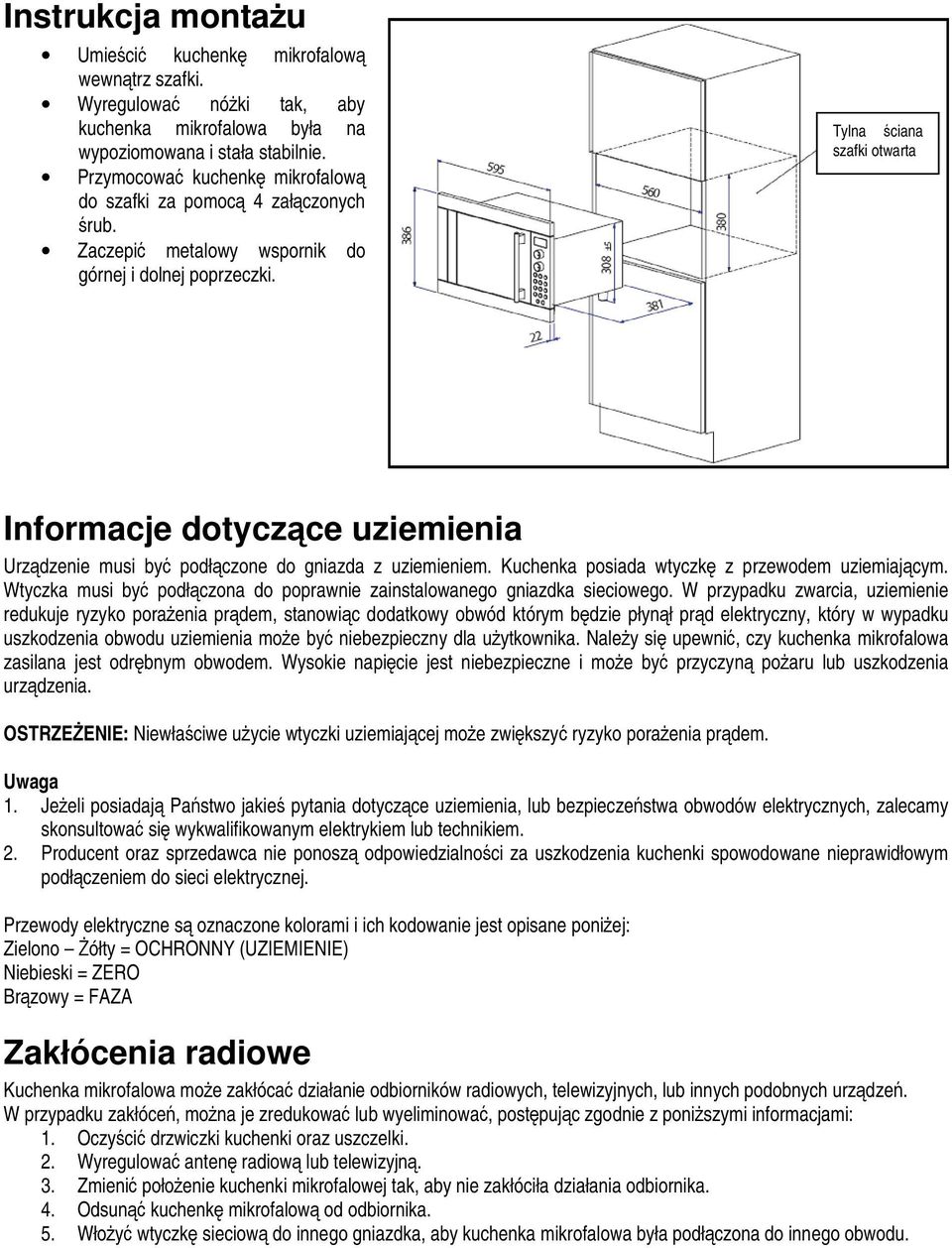 Tylna ściana szafki otwarta Informacje dotyczące uziemienia Urządzenie musi być podłączone do gniazda z uziemieniem. Kuchenka posiada wtyczkę z przewodem uziemiającym.