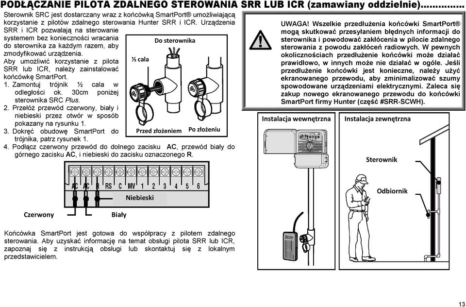 Aby umo liwi korzystanie z pilota SRR lub ICR, nale y zainstalowa ko cówk SmartPort. 1. Zamontuj trójnik ½ cala w odległo ci ok. 30cm poni ej sterownika SRC Plus. 2.