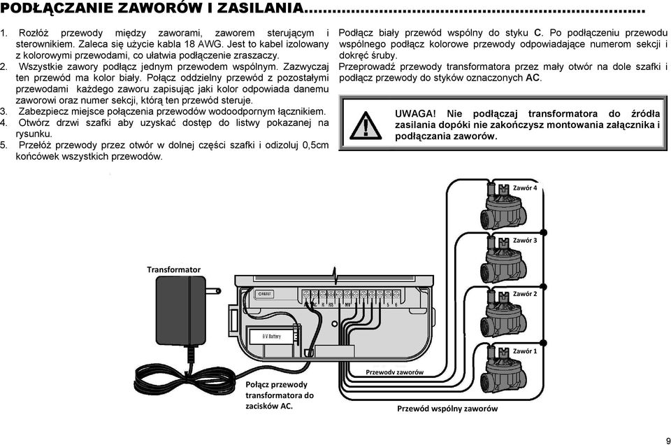 Poł cz oddzielny przewód z pozostałymi przewodami ka dego zaworu zapisuj c jaki kolor odpowiada danemu zaworowi oraz numer sekcji, któr ten przewód steruje. 3.