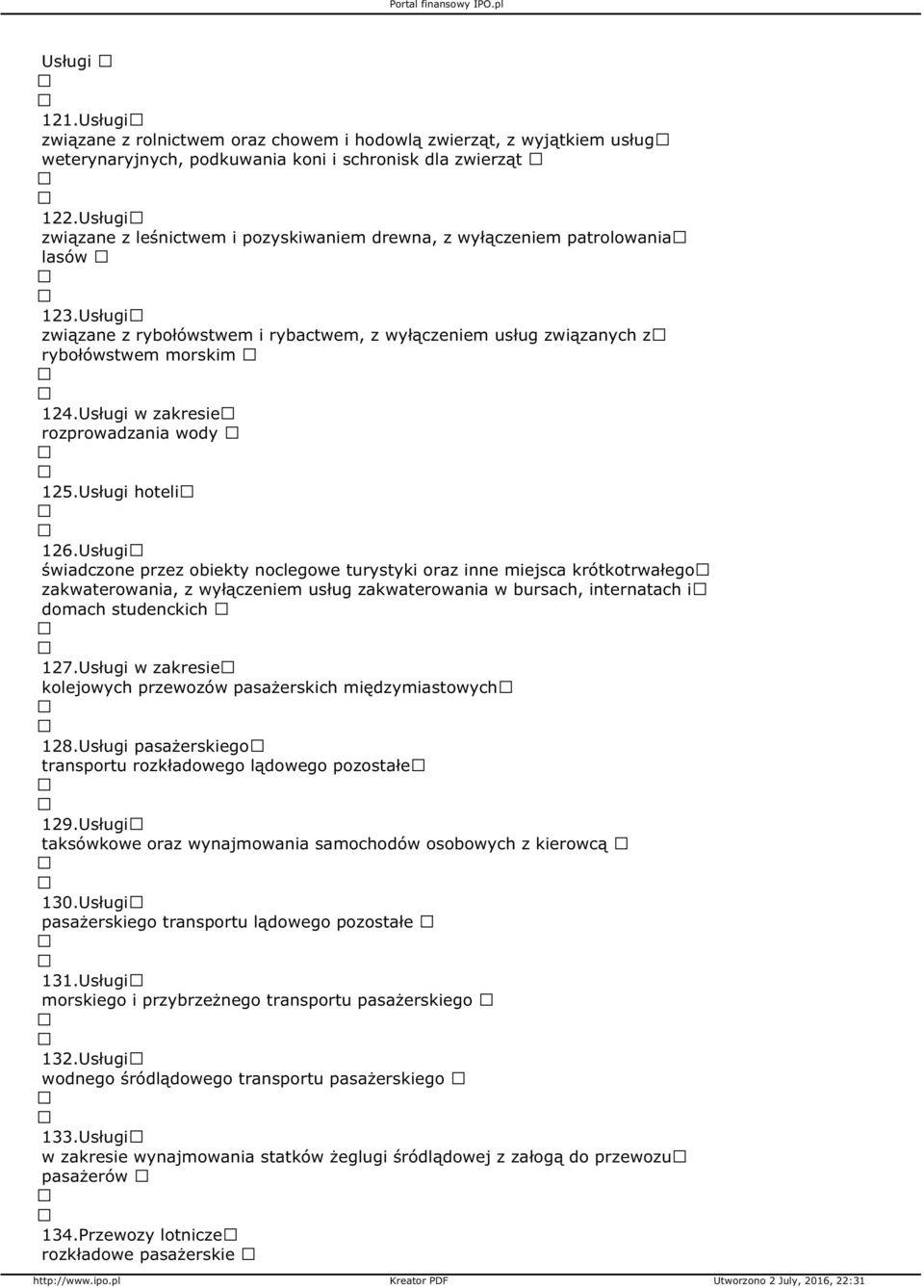 Usługi w zakresie rozprowadzania wody 125.Usługi hoteli 126.