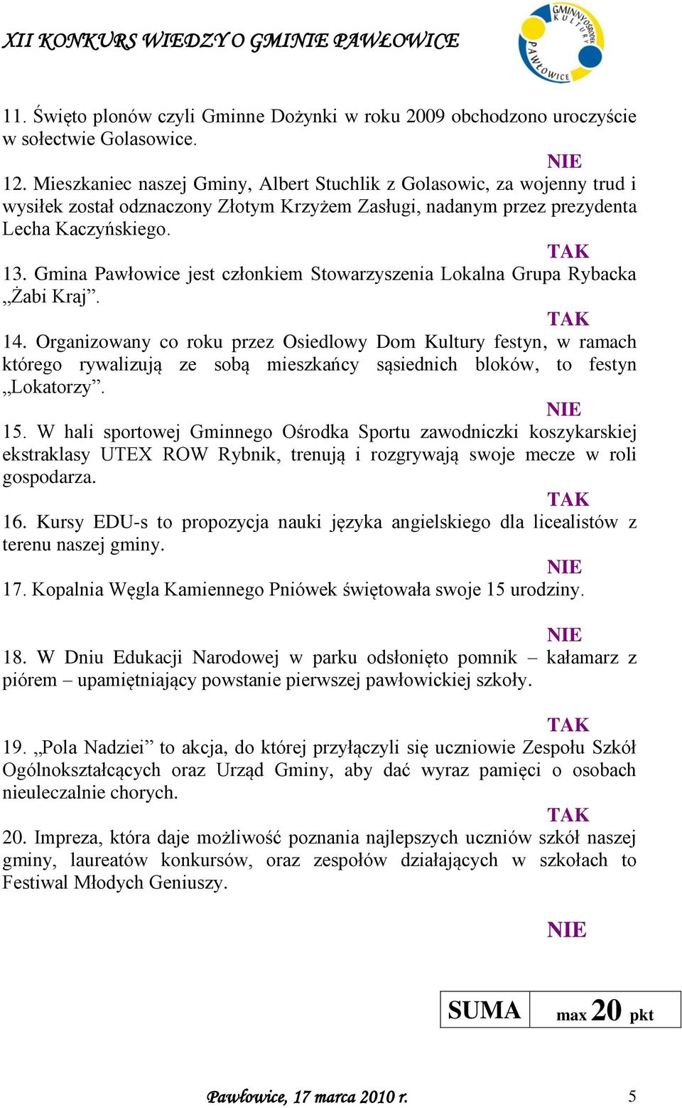 Gmina Pawłowice jest członkiem Stowarzyszenia Lokalna Grupa Rybacka Żabi Kraj. 14.