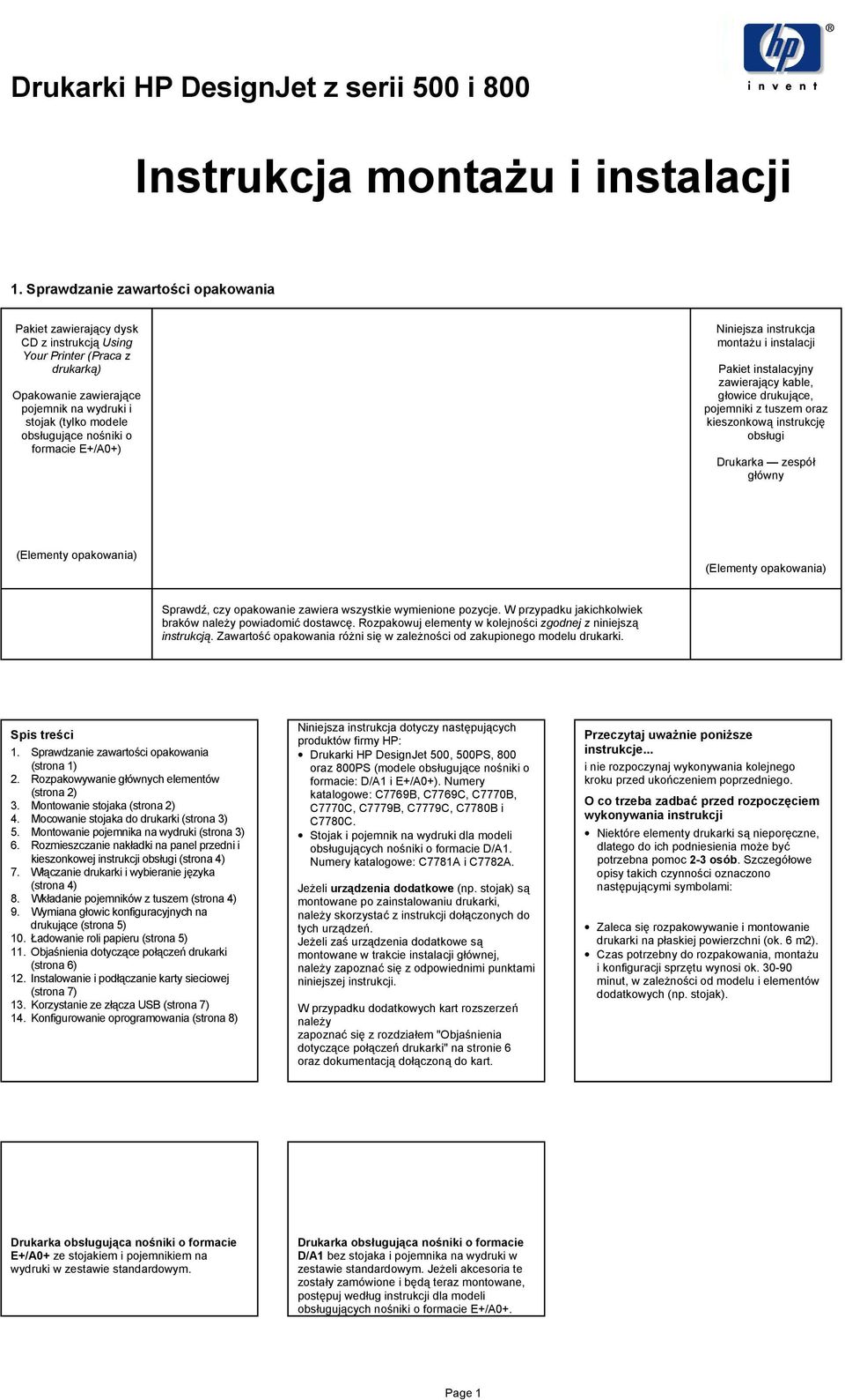 formacie E+/A0+) Niniejsza instrukcja montażu i instalacji Pakiet instalacyjny zawierający kable, głowice drukujące, pojemniki z tuszem oraz kieszonkową instrukcję obsługi Drukarka zespół główny
